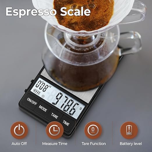 Digital Coffee Scale with Timer,Espresso Scale 1000g x 0.1g Mini Barista Scale,Pocket Food Scale Gram and Ounces with LCD Display/Auto-Off/Tare Function(Batteries Included)