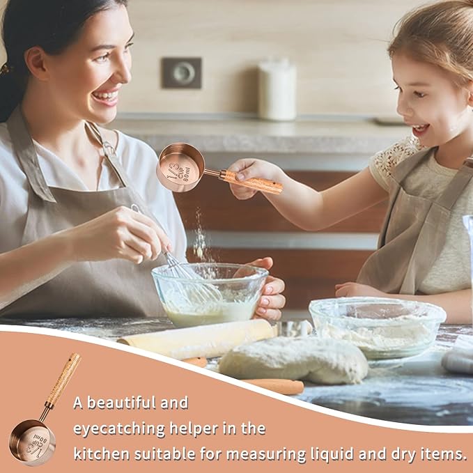 Measuring Cup with Wooden Handle, 3/4 Cup Titanium-plating 180ml Stainless Steel, Dog Food Scoop, Rose Gold