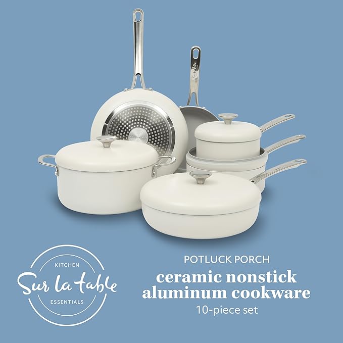 Sur La Table Kitchen Essentials Potluck Porch 10 Piece PFA Free Ceramic Non stick Interior Forged Aluminum Cookware Pots and Pans Set W/Aluminum Lids - Linen White - Induction Compatible