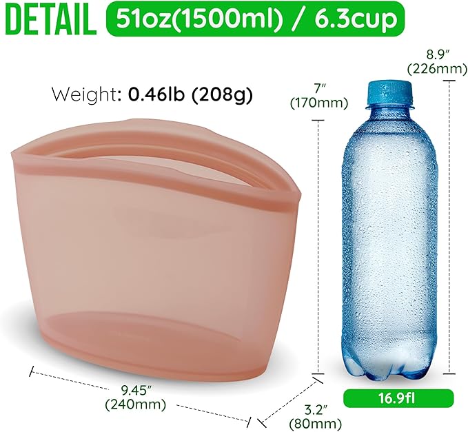 Reusable Silicone Food Storage Bags 6.3Cup (53oz), Airtight Food Storage Containers Food Grade Silicone Snack Bags, BPA Free Food Storage Container, Microwave Safe, Sous Vide Container, Dry Rose