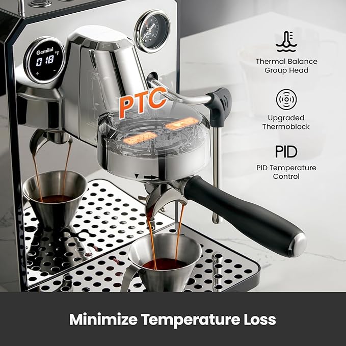 Gemilai Owl Espresso Machine, 15 Bar Professional Semi-Automatic Espresso Maker with Milk Frother Steam Wand & 57oz Removable Water Tank, Dual Display, for Cappuccino, Latte, G3006, Stainless Steel