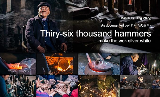 臻三环 ZhenSanHuan Chinese Hand Hammered Iron Woks and Stir Fry Pans, Non-stick, No Coating, Carbon Steel Pow (36CM, BlueBlack Seasoned with help handle)