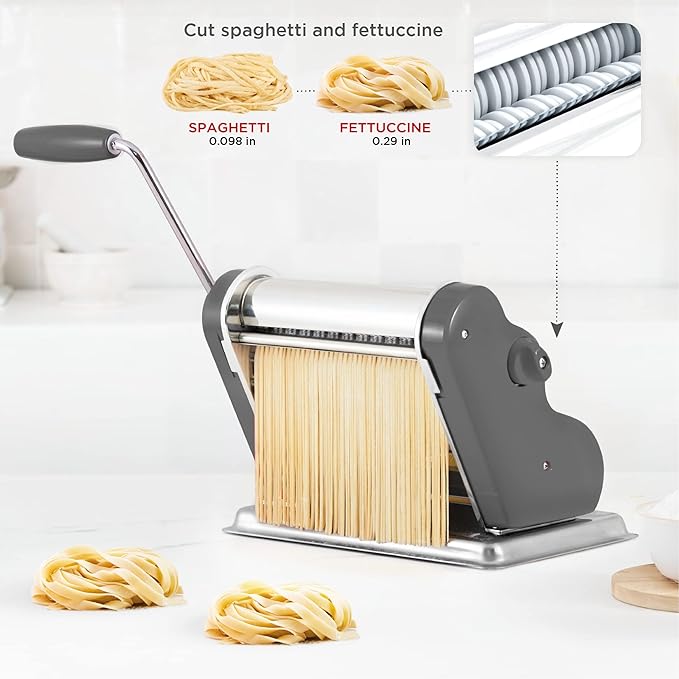 PASTALINDAClassic 200 Pasta Maker Machine, 20 cm Wide Rollers, 9 Thickness Positions, 2 Cutting Positions, Stainless Steel. Includes Reinforced Hand Crank And Two Clamps (Gray)