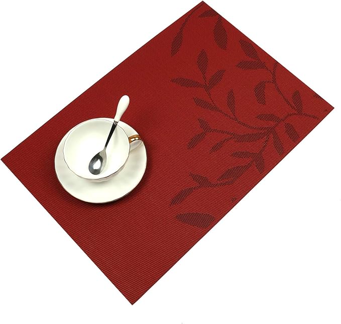 SHACOS Woven Vinyl Placemats Set of 8 Red Leaf Pattern Wipeable Place Mats for Dining Table Heat Resistant PVC Table Mats Indoor Outdoor (8, Leaf Red)