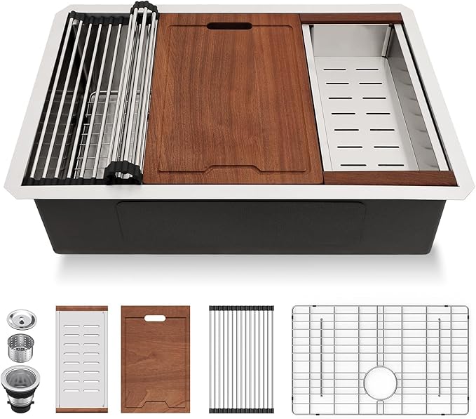 Lordear 28 Undermount Kitchen Sink Stainless Steel 16 Gauge Under Counter Workstation Sink Single Bowl 304 Stainless Steel One Basin Handmade Sinks