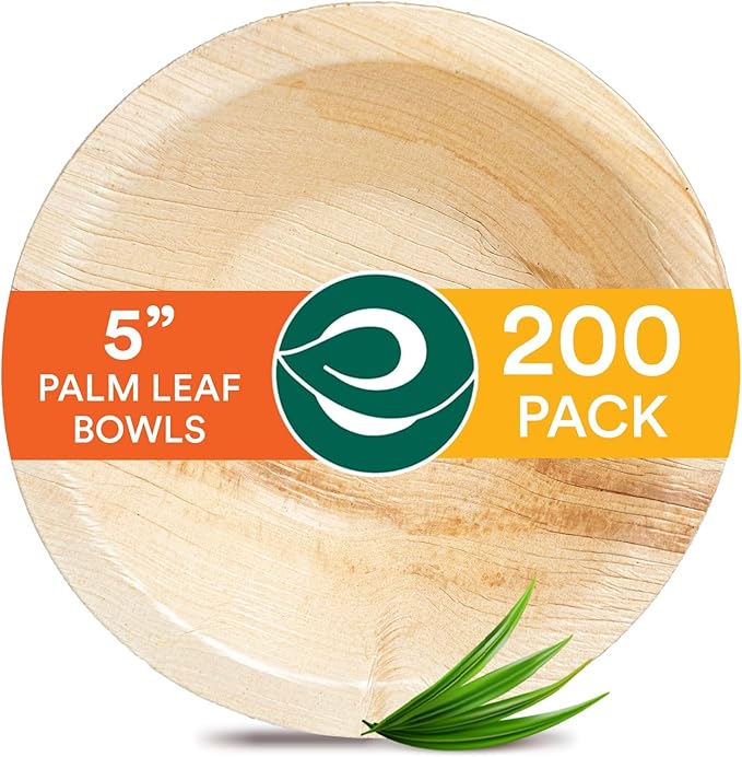 ECO SOUL Palm Leaf Bowl 200 pc, Small 5" (8 Oz) | Round Like Bamboo Bowls, Compostable, Biodegradable, Disposable Palm Leaf Bowls Eco-friendly | Sturdy, Microwave & Oven Safe