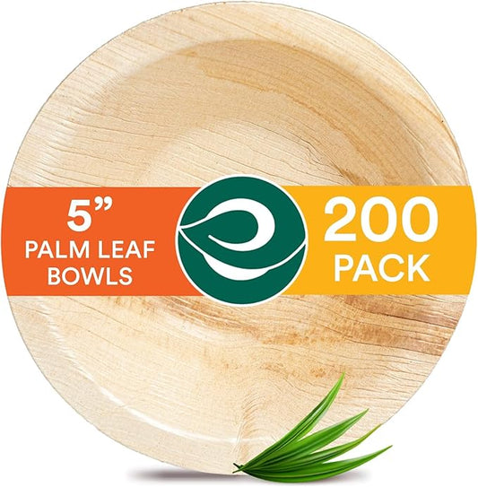 ECO SOUL Palm Leaf Bowl 200 pc, Small 5" (8 Oz) | Round Like Bamboo Bowls, Compostable, Biodegradable, Disposable Palm Leaf Bowls Eco-friendly | Sturdy, Microwave & Oven Safe