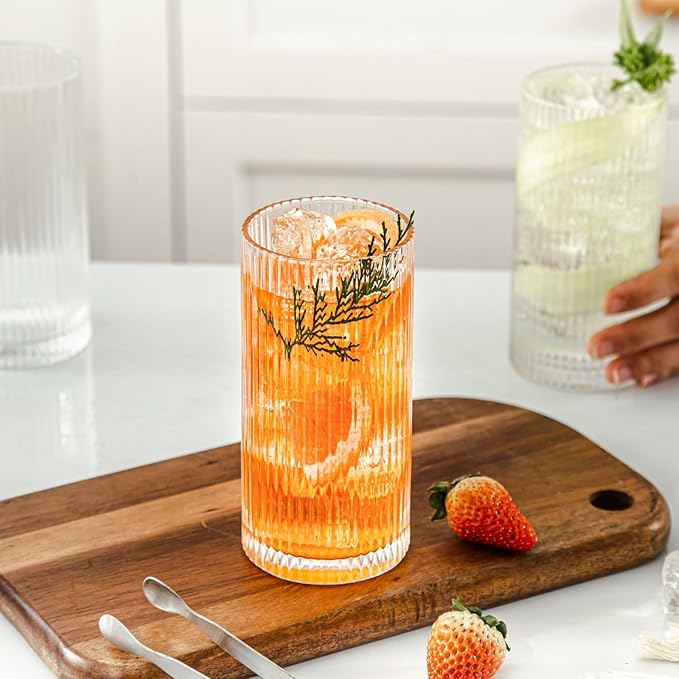 Set of 8 Ribbed Glassware, 4 Large Glasses 13 oz, 4 Rocks Glass Cups 10 oz