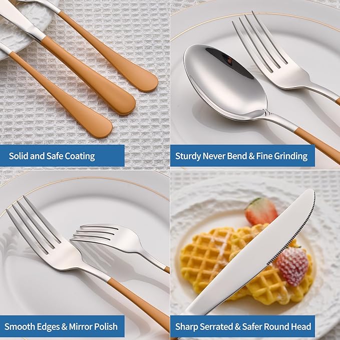 20-Piece Orange Silverware Set, 18/0 Stainless Steel Orange Handle Flatware Set, Service for 4, Modern Cutlery Set Includes Dinner Knives Forks Spoons, Mirror Polished, Dishwasher Safe