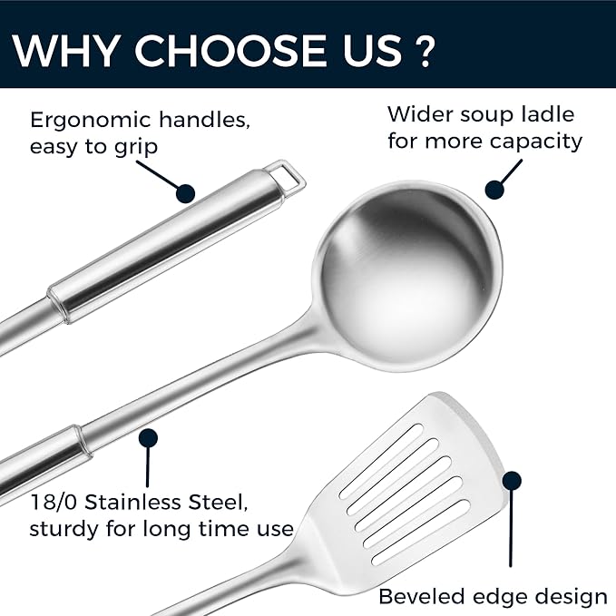 18/0 Stainless Steel Kitchen Cooking Utensil Set, Ergonomic Handle, Dishwasher Safe, Slotted Spoon, Ladle, Turner, Serving Spoon for Housewarming Daily Use Commercial, Pack of 4