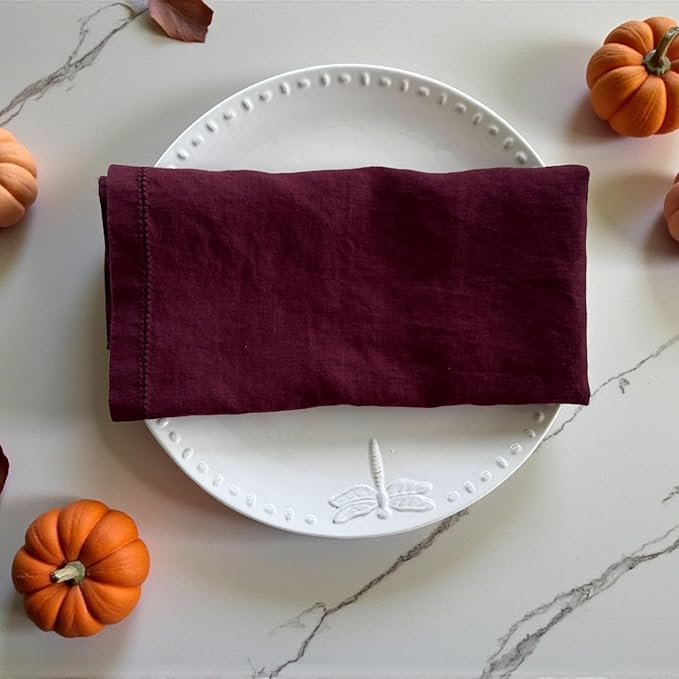 Hemstitched Linen Napkins – 20 Inch x 20 Inch – Stonewashed Pure Linen Cloth Dinner Napkins with Mitered Corners - 100% French Flax – Machine Washable - Set of 4 (Burgundy)