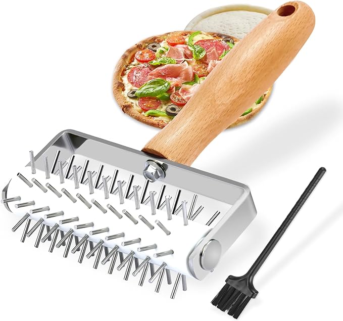 Pizza Dough Docker, Professional Dough Roller with Wooden Handle, Sturdy Pizza Docking Tool that Prevents Dough from Blistering, Time-Saver for Making Pizza Cookie Pie Pastry