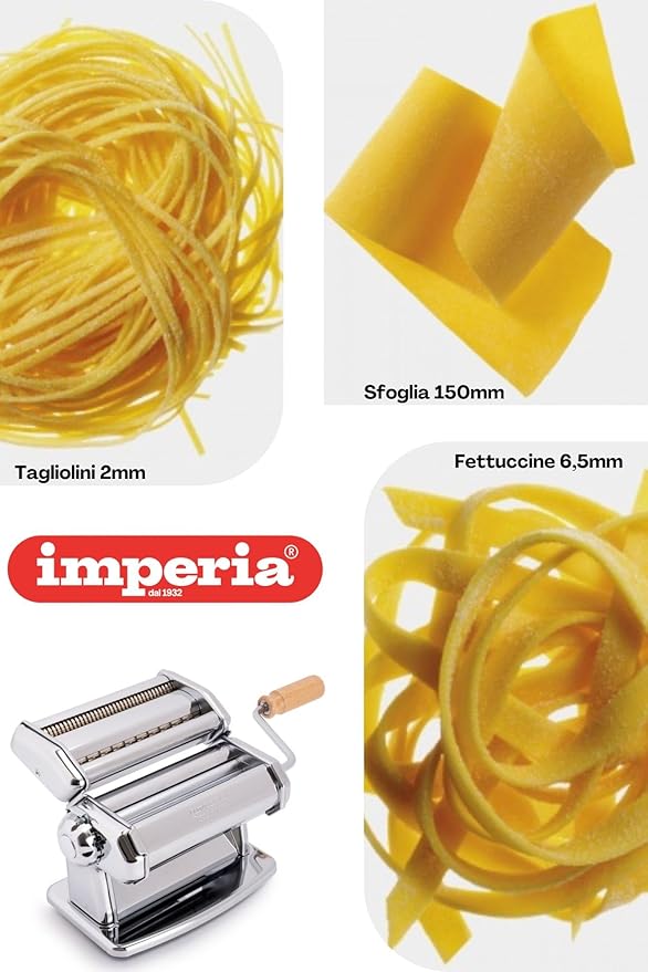 Imperia Pasta Maker Machine, Red- 100% Made in Italy, Heavy Duty Steel Construction, Easy Lock Dial Wood Grip Handle & Cleaning Brush- Fresh Homemade Italian Spaghetti Fettuccine Lasagna, Classic Line