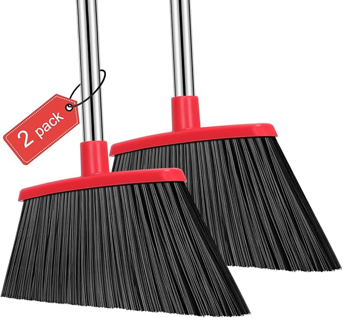 NACENA Heavy Duty Broom, 55 Inch Long Handle Outdoor Large Angle Brooms, Commercial Broom for Sweeping Indoor, for Home Garage Kitchen Office Courtyard Lobby Patio Lawn Concrete, 2 Pack (Black&Red)