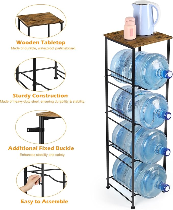 Vrisa 5 Gallon Water Jug Holder 4-Tier Water Bottle Holder Water Jug Stand with Storage Shelf Water 3/5 Gallon Rack Organizer for Home Office, Rustic Brown