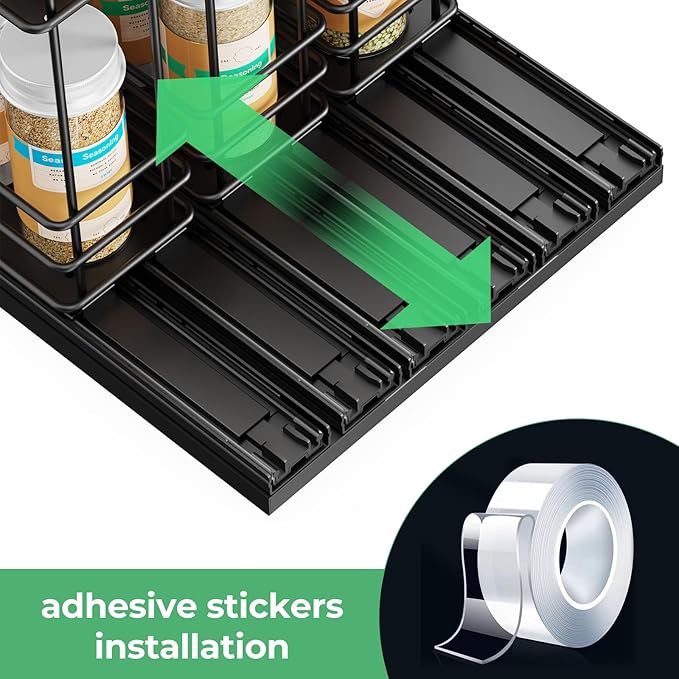 Pull Out Spice Rack Organizer for Cabinet, Slide Out Spice Racks, Easy to Install, 2.1''Wx10.35''Dx8.26''H, 3 Drawers 2 Tiers(Black)