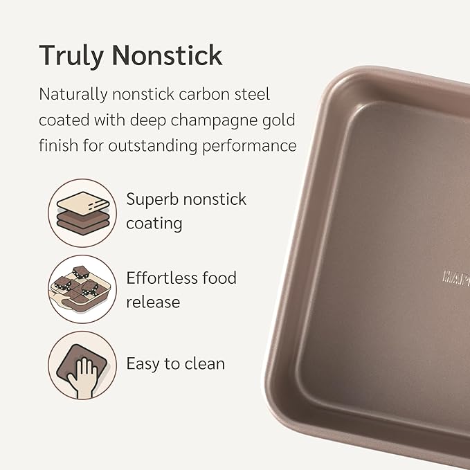 HAPPIELS Nonstick 9x9 Baking Pan | PFOA & BPA Free Non Toxic 9 x 9 Inch Cake & Brownie Pan | Best Nontoxic Square 9x9 inches Pans for Baking | Non Stick Carbon Steel Gold Baking Ware