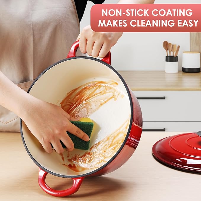 LIFERUN 6 Qt Enameled Cast Iron Dutch Oven Pot with Lid，Oven Safe up to 500° F, Heavy-Duty Non-Stick Dutch Oven with Dual Handles for Bread Baking, Fry Foods, Braising, Stews, Roasting (Red)