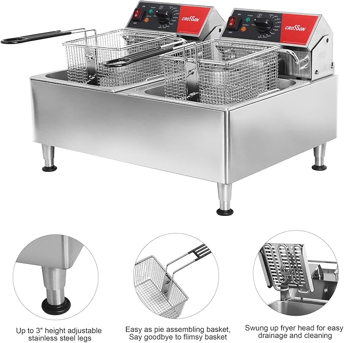 CROSSON ETL Listed Dual Tank 26Lbs Electric Deep Fryer with Solid Basket,Removable Oil Container and Height Adjustable Legs for Restaurant -120V,3600W Commercial Countertop Deep Fryer