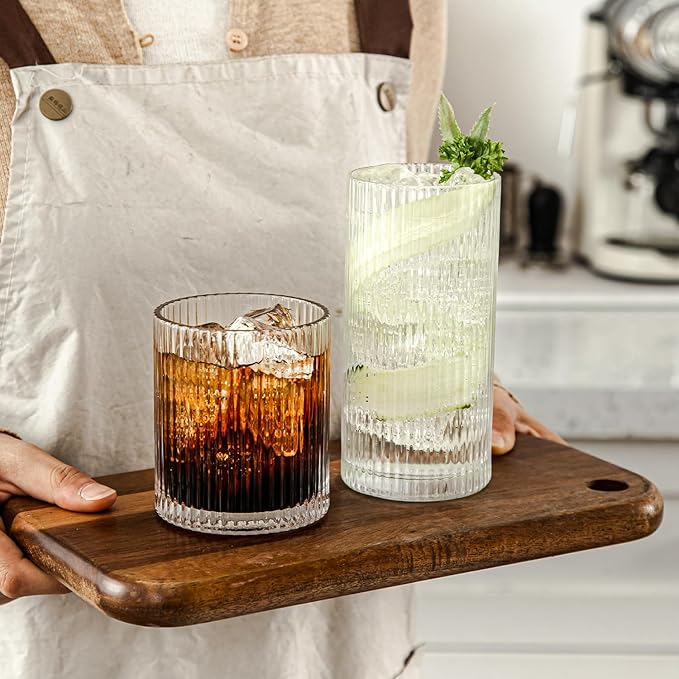Set of 8 Ribbed Glassware, 4 Large Glasses 13 oz, 4 Rocks Glass Cups 10 oz