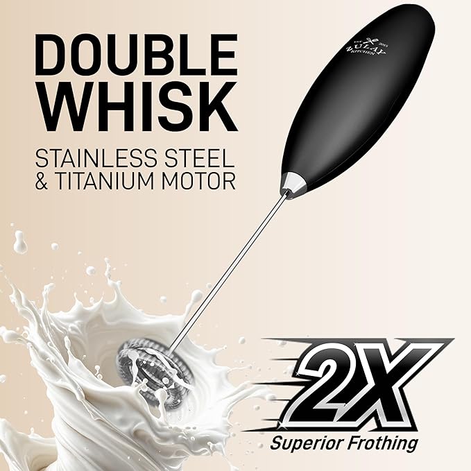Zulay Kitchen Double Whisk Milk Frother with 2 Duracell Batteries - Powerful Handheld Foam Maker for Coffee, Lattes, Matcha, Hot Chocolate & Cappuccinos - Whip Creamy Froth in Seconds