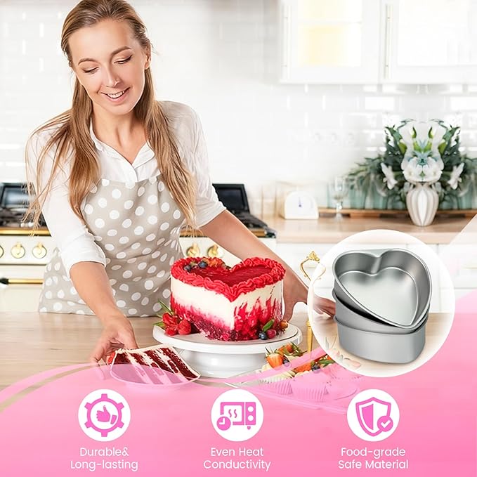 3-Pack 8-Inch Heart Shaped Cake Pans, Durable Anodized Aluminum Pans with Fixed Bottom, Ideal for Baking, DIY Projects, Birthdays & Weddings, Heart Pans Chiffon Cake Mold for Oven Baking