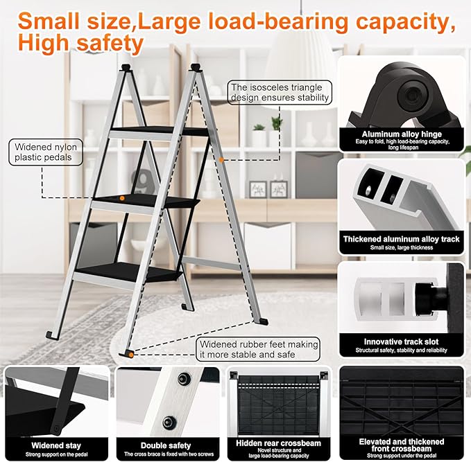 3 Step Ladder,Aluminum Ultra Thin Folding Step Stool,400 Lbs Capacity with Anti-Slip Sturdy and Wide Pedal,Closet Step Ladder for Home,Kitchen and Office,Space Saving (Silvery White, 3-Step)