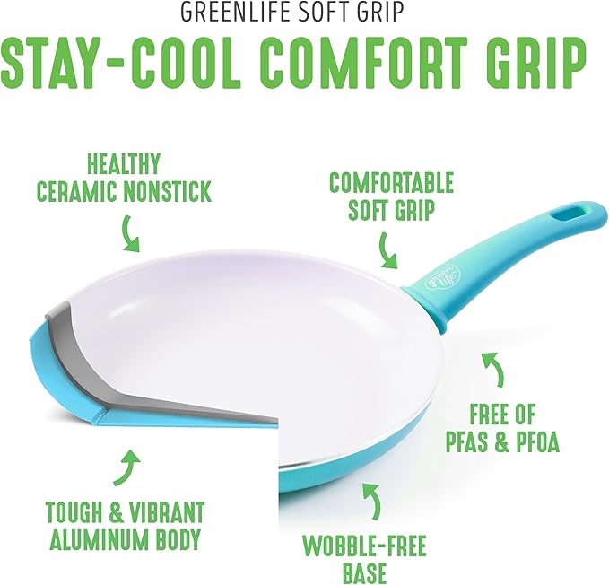 GreenLife Non Stick Fry Pan Set (7" & 10"), Non-Toxic PFAS-Free Ceramic Skillets, Dishwasher & Oven Safe, Egg Omelet Frying Pans, Stay- Cool Handles, Kitchen Home Cooking Essentials, Caribbean Blue
