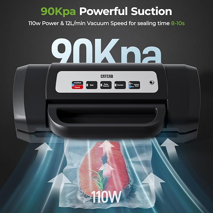 Vacuum Sealer for Food, 90kpa Powerful Automatic Food Sealer Vacuum Sealer for Dry/Moist, 6-in-1 Vacuum Sealer Machine for Food Saver, Easy Lock Handle | Removable Drip Tray | 10 Vacuum Bags