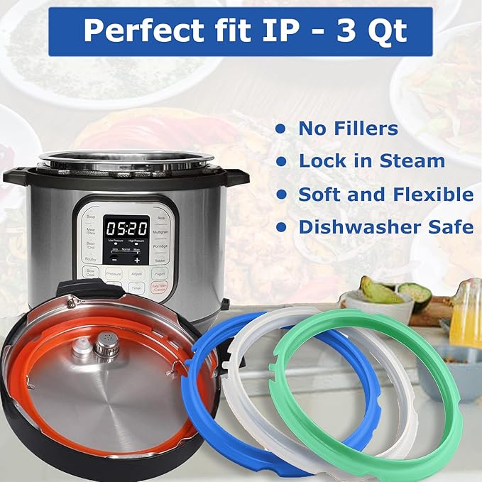 4 Pack Silicone Sealing Ring for Instant Pot 3 QT - Replacement Silicone Gasket Seal Rings 3QT with 4 Colors(Red, Clear, Green, Blue) - Instant Pot Replacement Silicone Gasket Seal for 3 Quart