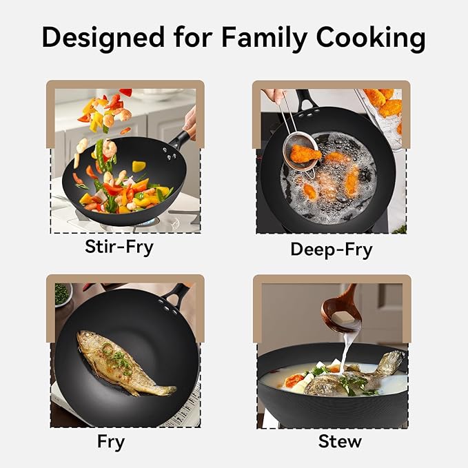 WANGYUANJI 11.8 Inch Iron Wok with Glass Lid, Flat Bottom Stir Fry Pan with Wooden Handle, Non-Coated Naturally Nonstick Skillet, Traditional Chinese Wok for Gas, Electric & Induction Cooking