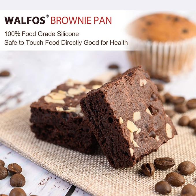 Walfos Silicone Brownie Pan, 9-Cavity Non-stick Square Baking Pan, Perfect for Brownies, Cornbread, Muffin and Cakes, BPA Free and Dishwasher Safe