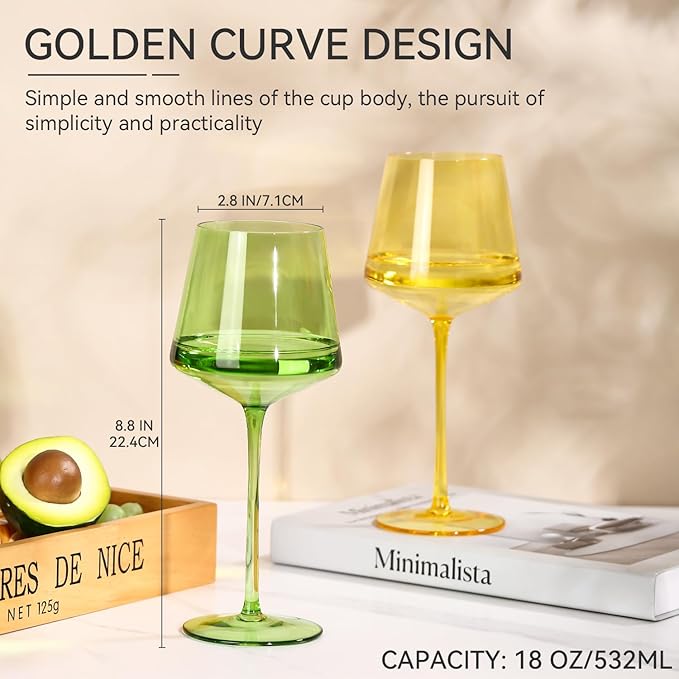 Colored Wine Glasses Set of 6-18oz【Hand Blown】Sunset Colorful Wine Glasses with Stem-Muticolor Wine Glass