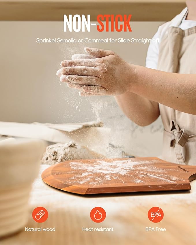 12 Inch Natural Wooden Pizza Peel - Paddle Spatula Oven Accessory for Transferring & Serving - Wood Cutting Board for Cheese, Bread, Fruit