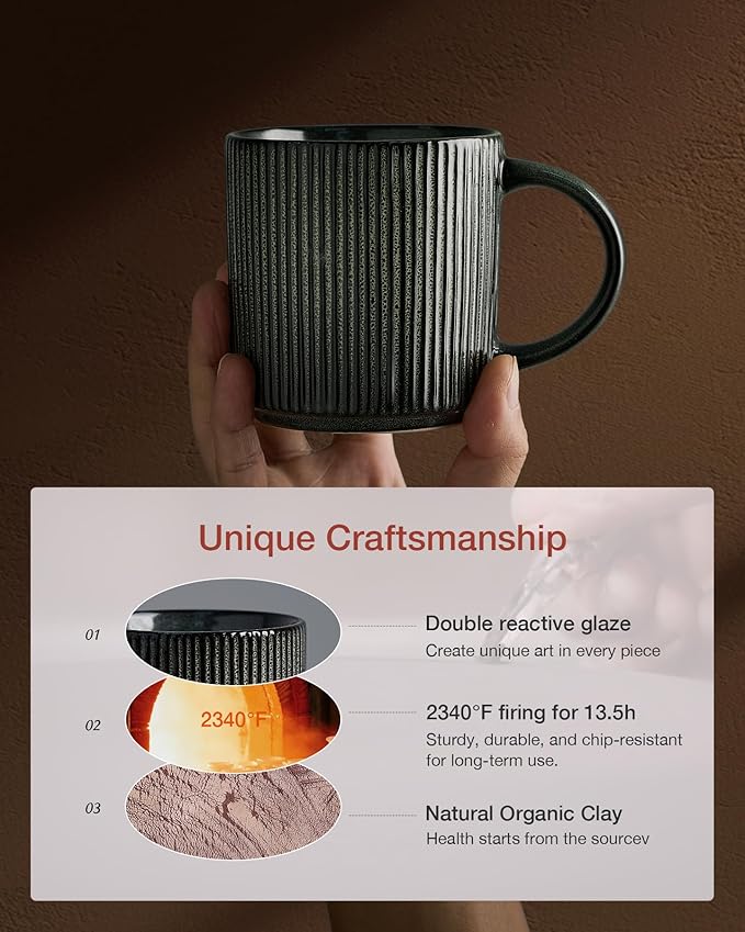 famiware Coffee Mug Set for 6, Star 12 oz Catering Mugs Cup Set with Handle for Coffee, Tea, Cocoa, Milk - Ceramic Stoneware Drinkware Set, Deep Forest