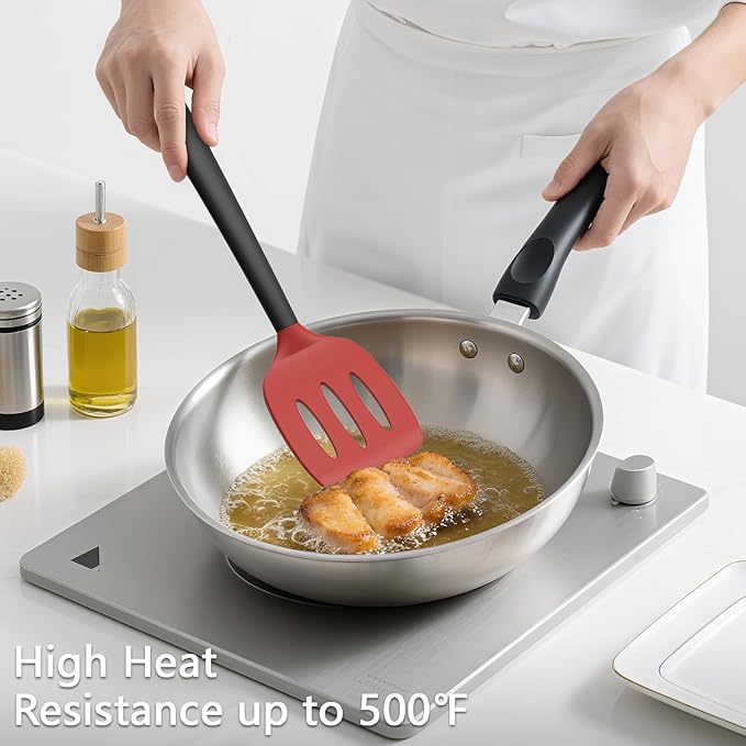 Coukre 3 Pack Silicone Spatula Set, High Heat Resistant, BPA-Free, Fish Spatula, Solid & Slotted Turner for Non-Stick Pans, Flipping Eggs, Pancakes, Fish, Burgers (3, RedBlack)