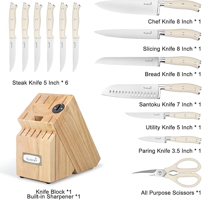 Kuisine Chef Knife Set,High Carbon Stainless Steel Sharp Knife Set Ergonomic Handle,Kitchen Knife Block Set with Built-in Sharpener(Ivory Pro,15PCS)