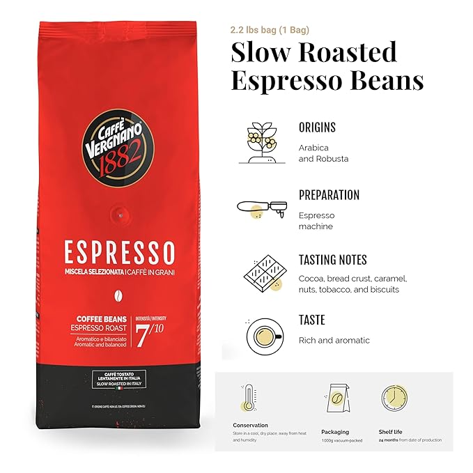 Caffe Vergnano 1882 Espresso Whole Bean Arabica Roast Coffee, 2.2 lb bag - Italian Medium Roast Coffee Beans with notes of Chocolate, Nuts & Caramel, Intensity 7/10-1000g Bag