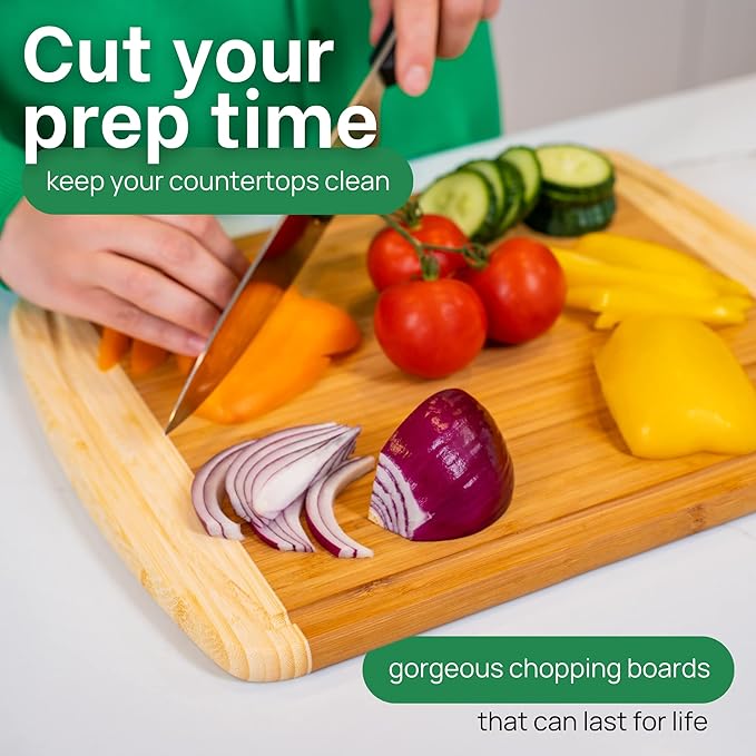 GREENER CHEF 15 Inch Medium Cutting Board with Lifetime Replacements, Bamboo Cutting Boards for Kitchen, Butcher Block, Medium Wooden Chopping Board for Meat, Veggies, Non Toxic Charcuterie Board