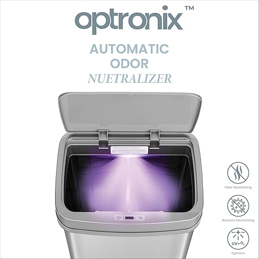 Ninestars Nova Series 13 Gallon Odor Elimating Automatic Kitchen Trash Can Automatic Odor Control Motion Sensor Garbage Bin, 50 Liter Smart Opening Stainless Steel, Silver