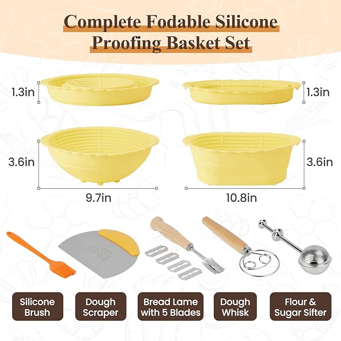 Neddie Upgraded Silicone Banneton Bread Proofing Basket, Sourdough Bread Baking Supplies Set of 2,9 Inch Round & 10 Inch Oval Foldable Sourdough Baking Baskets, Sourdough Starter Kit(Beige)