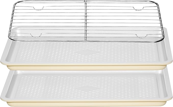 Nonstick Ceramic Baking Sheet with Rack, 2-Pack 13x9 Quarter Sheet Pan, Non-Toxic, PTFE & PFOA Free, Warp-Free, Oven Safe 550°F, Dishwasher Safe, Aluminized Steel, Gray Yellow（External 10x14）