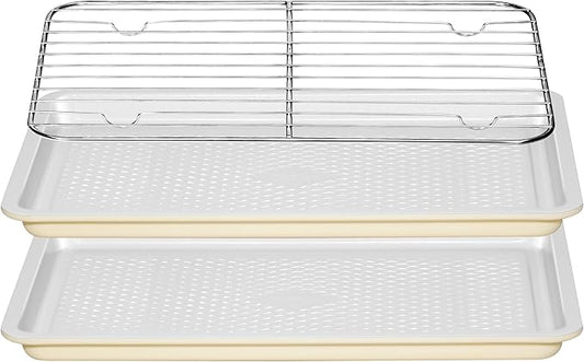 Nonstick Ceramic Baking Sheet with Rack, 2-Pack 13x9 Quarter Sheet Pan, Non-Toxic, PTFE & PFOA Free, Warp-Free, Oven Safe 550°F, Dishwasher Safe, Aluminized Steel, Gray Yellow（External 10x14）