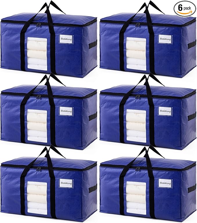 TAILI 6 Pack Dark Blue Extra Large Storage Bags, Heavy Duty Totes with Visible Window, Wrap Around Handles, Perfect for Moving
