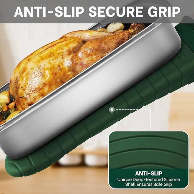 Beneno Premium Silicone Oven Mitts 2-Pack Heat Resistant 500°F, Soft Flexible Non-Slip Grips, BPA-Free & Waterproof Oven Mitts with Comfort Cotton Lining for Baking, Grilling, Cooking, 7"x13", Green