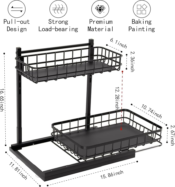 Under Sink Organizer, Adjustable Height Pull-Out Kitchen Storage Organization,15.8" x 11.8" x 16.5",2-Tier Kitchen Shelf,Bathroom Drawer Organizer, Black