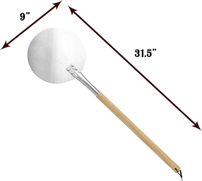Pizza Turning Peel PRO - 9" Diameter- 31.5" Detachable Wooden Handle with Leather Strap, Premium Hard Aluminum, Perfect for Professional & Home Use, Ideal Bakeware, Oven Accessory