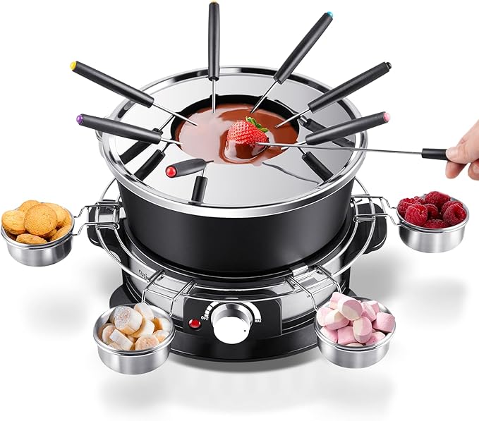 CUSIMAX Electric Fondue Set with 1300W Power Temperature Control for Cheese,Chocolate,Oil and Broth, 2L Non-Stick Electric Fondue Pot with 8 pcs Forks,6 pcs Cups and Removable Anti-Scald Handle