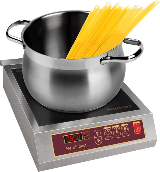 Portable Induction Cooktop 208-240V 3500W Commercial Range Countertop Burner Dual IGBT Modules 8 Heating Level Timer Sensor Push-Button Premium Stainless Steel Housing Ceramic Glass（Red）