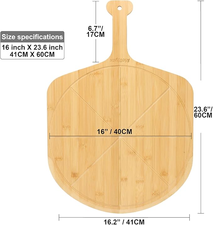 16 inch Natural Bamboo Pizza Peel Set of 2, Double-Sided Use Pizza Cutting Board with 8 Slice Grooves for Pizza, Bread, Cheese, Vegetable, Fruits